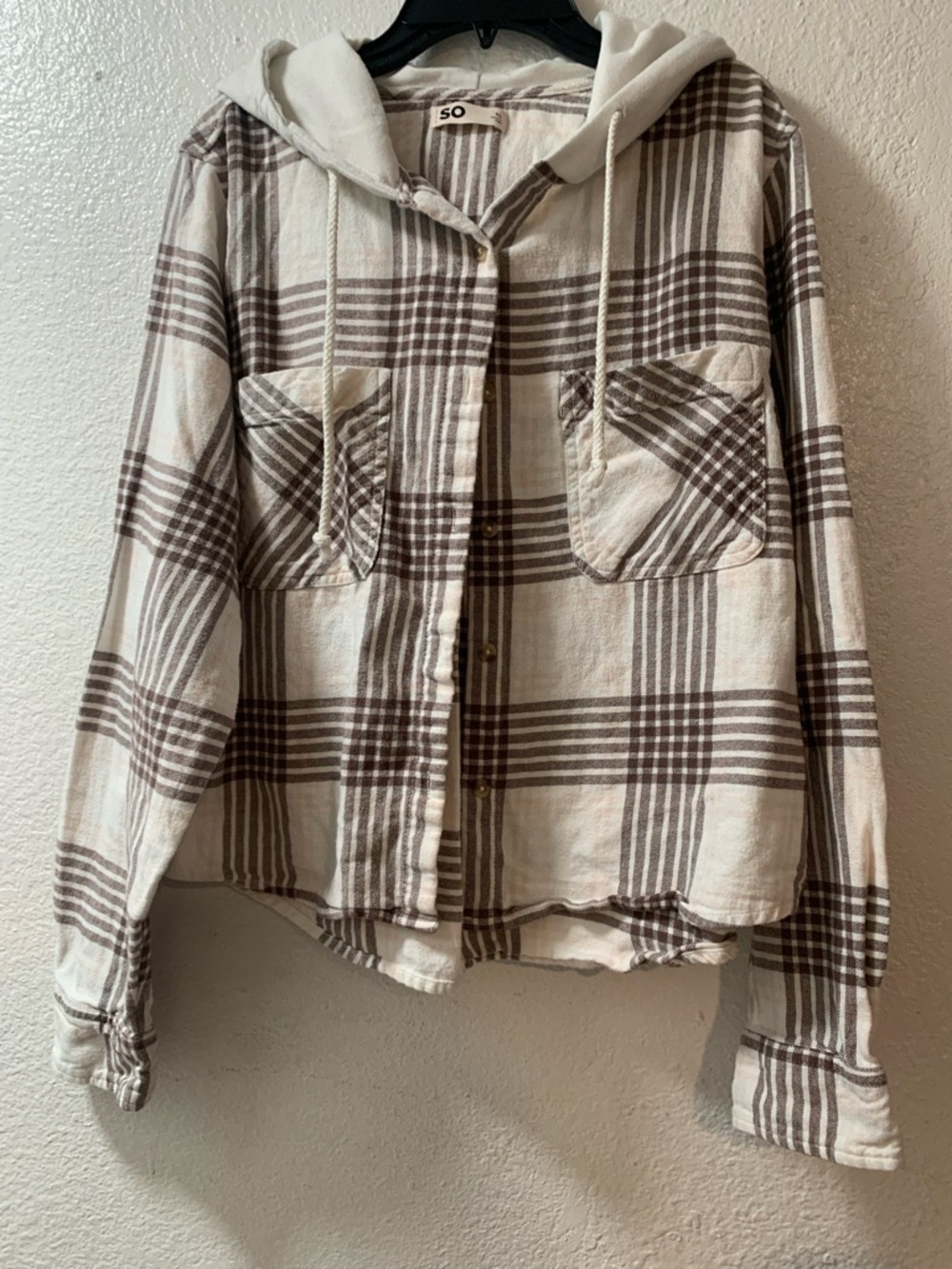 SO Cream and Brown Plaid Hooded Utility Shacket